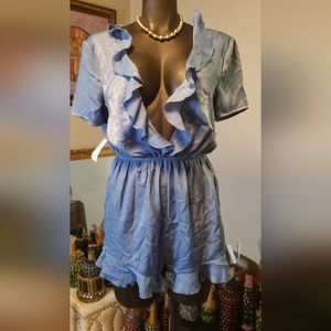 Blue ruffle satin romper. Sz Sm